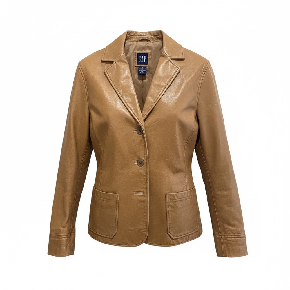 Gap Camel Leather Blazer Jacket Medium Vintage Y2… - image 2